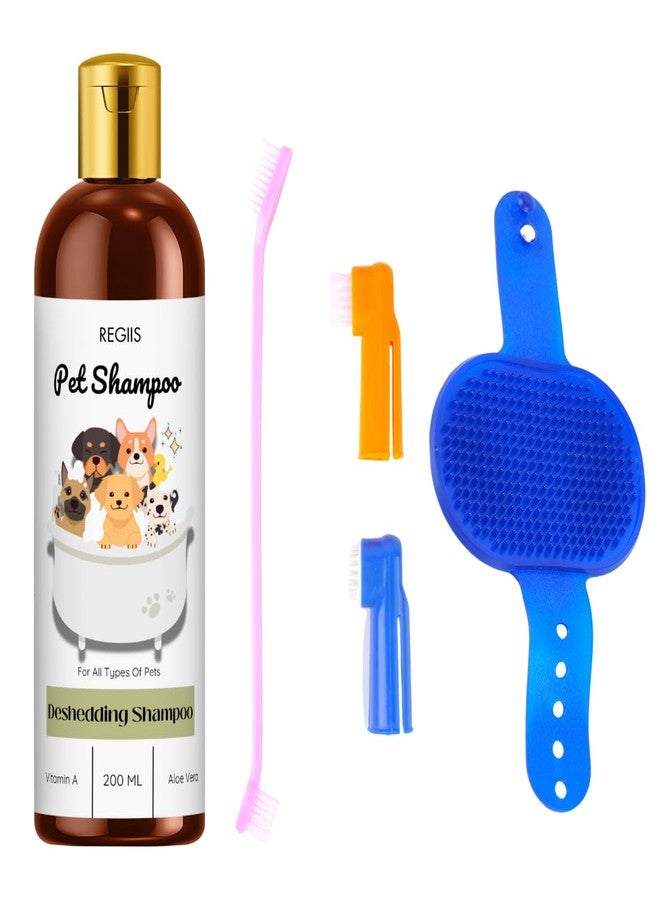 REGIIS Pet Shampoo Set with Grooming Brushes, 200ml Deshedding Shampoo for Dogs and Cats, Includes Massage Brush, Finger Brushes, Vitamin A and Aloe Vera Formula(Pack of 3) - Image 1